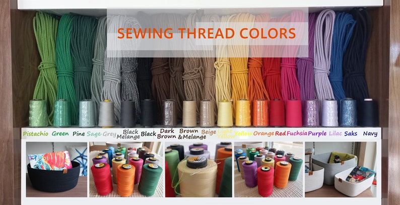 May include: A collection of sewing thread spools in various colours, including pistachio, green, pine, sage, grey, black, brown, beige, yellow, orange, red, fuchsia, purple, lilac, saks, and navy. The spools are arranged in a row on a shelf. The text "SEWING THREAD COLORS" is displayed above the spools.