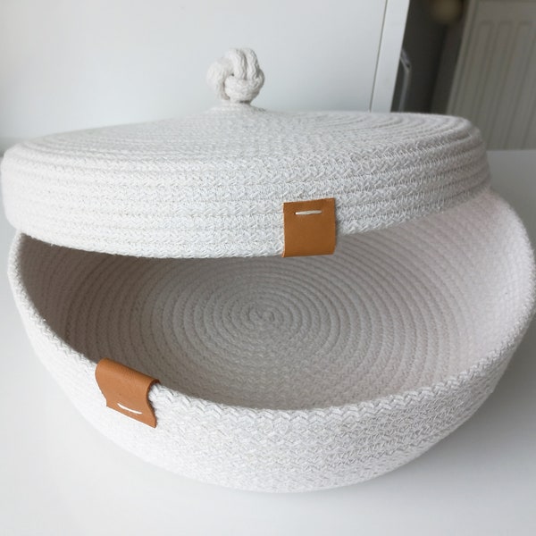 Cotton Rope Storage Basket with Lid, Rope Woven Organizer Basket with Lid, Cotton Rope Organizer Bowl, Cotton Rope Decor, Housewarming Gift