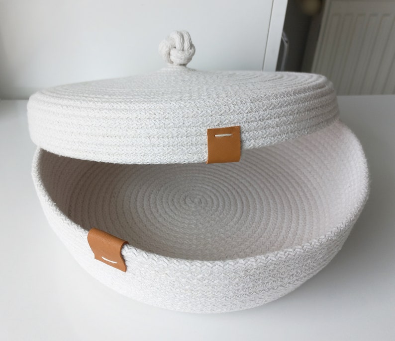 Cotton Rope Storage Basket with Lid, Rope Woven Organizer Basket with Lid, Cotton Rope Organizer Bowl, Cotton Rope Decor, Housewarming Gift image 1