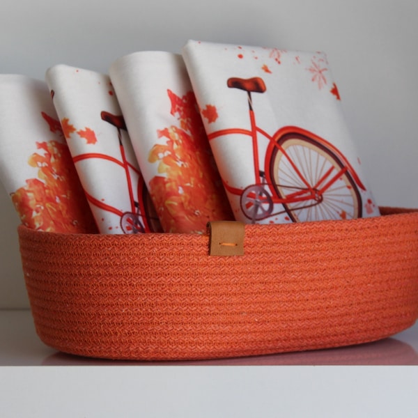 Cotton Rope Towel Basket for Bathroom, Cotton Rope Organizer, Organic Cotton Cord Basket, Handmade Cotton Storage Basket, Orange Cord Basket