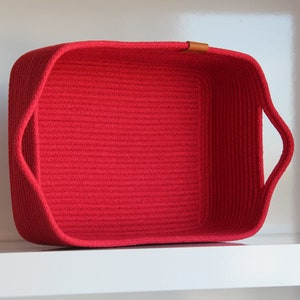 Red Cotton Rope Basket with Handle, Organic Cotton Cord Basket with Handle, Cotton Woven Towel Basket, Handmade Basket with Handle