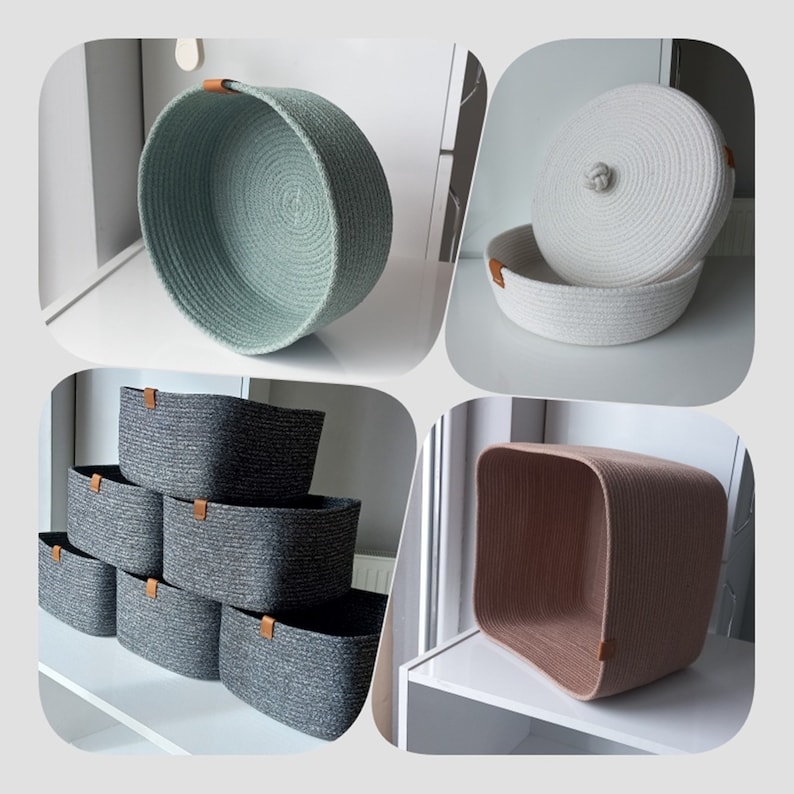 May include: A set of four grey woven storage baskets with brown leather handles. The baskets are stacked on top of each other. There is a larger, round, light green woven basket with a brown leather handle in the background.