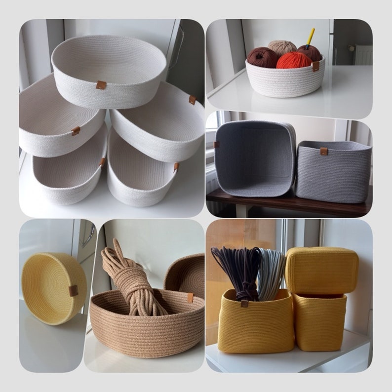 May include: A collection of 10 rope storage baskets in various sizes and colours, including grey, beige, and yellow. The baskets are made of thick, woven rope and have a natural, rustic look. Some baskets are empty, while others contain yarn and other craft supplies.