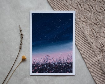 Original Gouache Gemälde "Good Night" | Gemälde handgemalt | Bild | Aquarell Malerei | Sternenhimmel Blumen | Rosa Blau Pink
