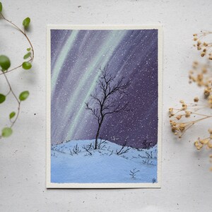 Original Gouache Gemälde "Winter Magic" A6 Kunstwerk Handgemalt Aquarell Bild Nordlicht Baum Landschaft Aurora