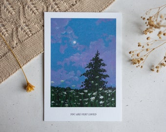 You are very loved I - Premium Watercolor Postcard Hand Painted A6 Flowers Moon Birthday Greeting Card Gouache Art Print