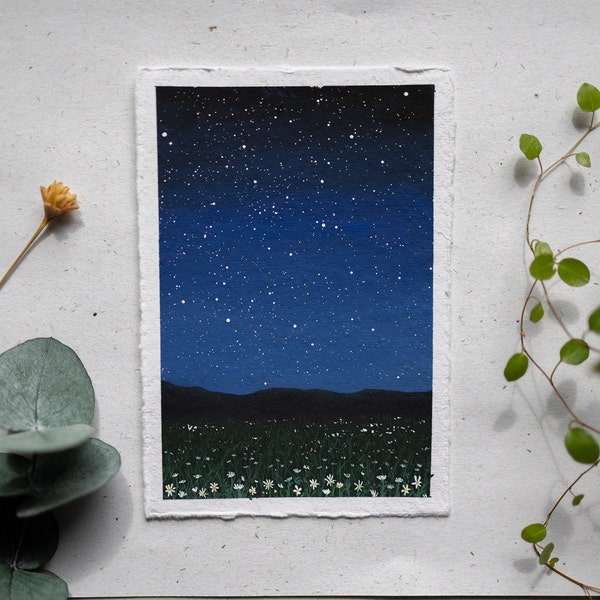 Dipinto a guazzo originale "Blooming Night" opera d'arte acquerello cielo stellato fiori A6 immagine carta fatta a mano carta paesaggio dipinta a mano