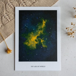 You are my world - Carte postale aquarelle premium peinte à la main A6 Space Love Universe Stars Galaxy Carte de vœux Art Print