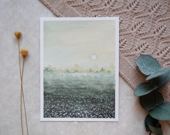 Oryginalny obraz gwaszowy „Zamglony wschód słońca” | Malarstwo ręcznie malowane | Obraz | Akwarela | Mgła wschód słońca kwiaty łąka natura