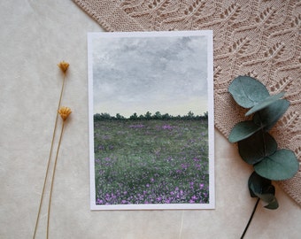 Original Gouache Gemälde "No rain, no flowers" | Gemälde handgemalt | Bild | Aquarell Malerei | Wolken Sonnenuntergang Blumen Wiese Natur