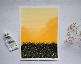 Original Gouache Gemälde "Gras im Wind" | Gemälde handgemalt | Bild | Aquarell Malerei | Blumen Wiese Wolken Orange