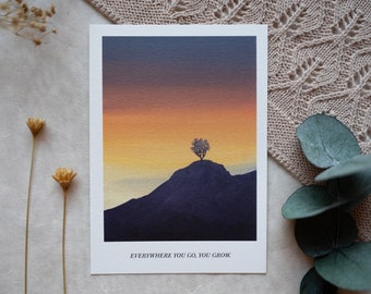 Everywhere You Go, You Grow - Aquarell Gift Card Print of Gouache Space Tree in SunsetPainting A6