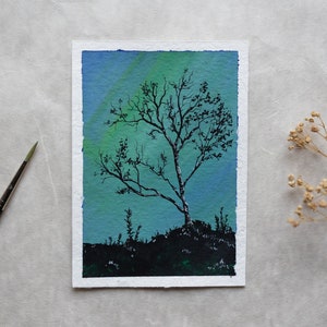 Pintura original de Gouache "Estudios de Aurora" A6 Obra de arte pintura acuarela imagen pintada arte postal tarjeta árbol Aurora aurora boreal