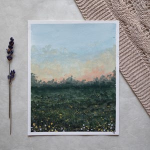 Dipinto originale a guazzo "Aspettando la primavera" | Quadro dipinto a mano | Pittura ad acquerello artistico | Paesaggio fiori prato natura tramonto