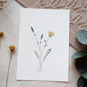 Originele handgeschilderde kaart A6 aquarel met bloemen wenskaart cadeaukaart verjaardag bloementekening ontwerp illustratie boeket bloemen