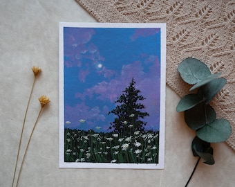 Original Gouache Gemälde "Vollmond" | Gemälde handgemalt | Bild | Aquarell Malerei | Blumen Wiese Vollmond Mond Nacht Wolken