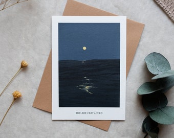 You are very loved III - Watercolor Postcard Handpainted A6 Moon and Sea Greeting Card Gouache Art Print