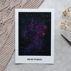 You are my world II - Carte postale aquarelle premium peinte à la main A6 Space Stars Universe Galaxy Night Sky Carte de vœux Gouache Art Print