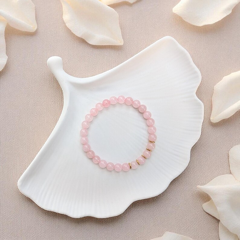Rose quartz bracelet for women, genuine natural stone bracelet 6 mm, gold-plated stainless steel elements, precious and semi-precious stones image 4