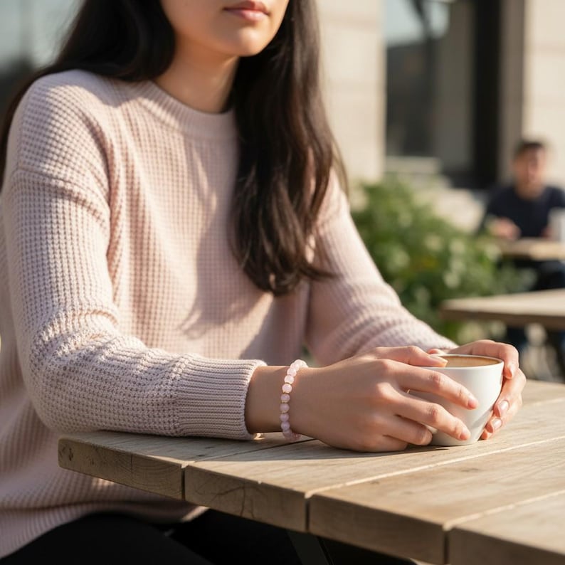 Rose quartz bracelet for women, genuine natural stone bracelet 6 mm, gold-plated stainless steel elements, precious and semi-precious stones image 3