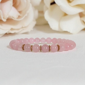 Rose quartz bracelet for women, genuine natural stone bracelet 6 mm, gold-plated stainless steel elements, precious and semi-precious stones image 2