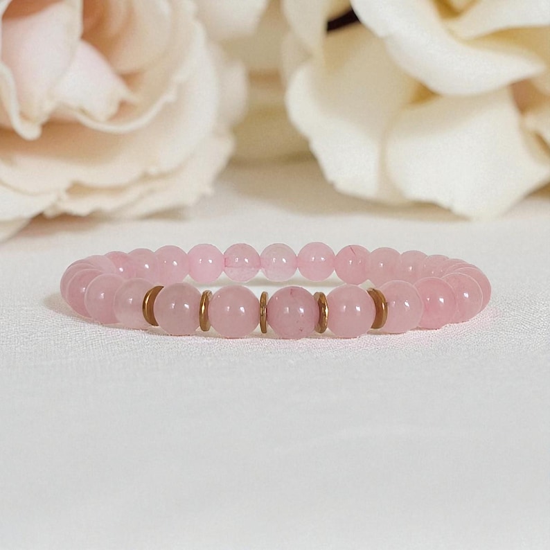 Rose quartz bracelet for women, genuine natural stone bracelet 6 mm, gold-plated stainless steel elements, precious and semi-precious stones image 2