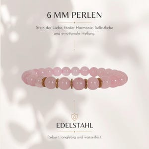 Rose quartz bracelet for women, genuine natural stone bracelet 6 mm, gold-plated stainless steel elements, precious and semi-precious stones image 1