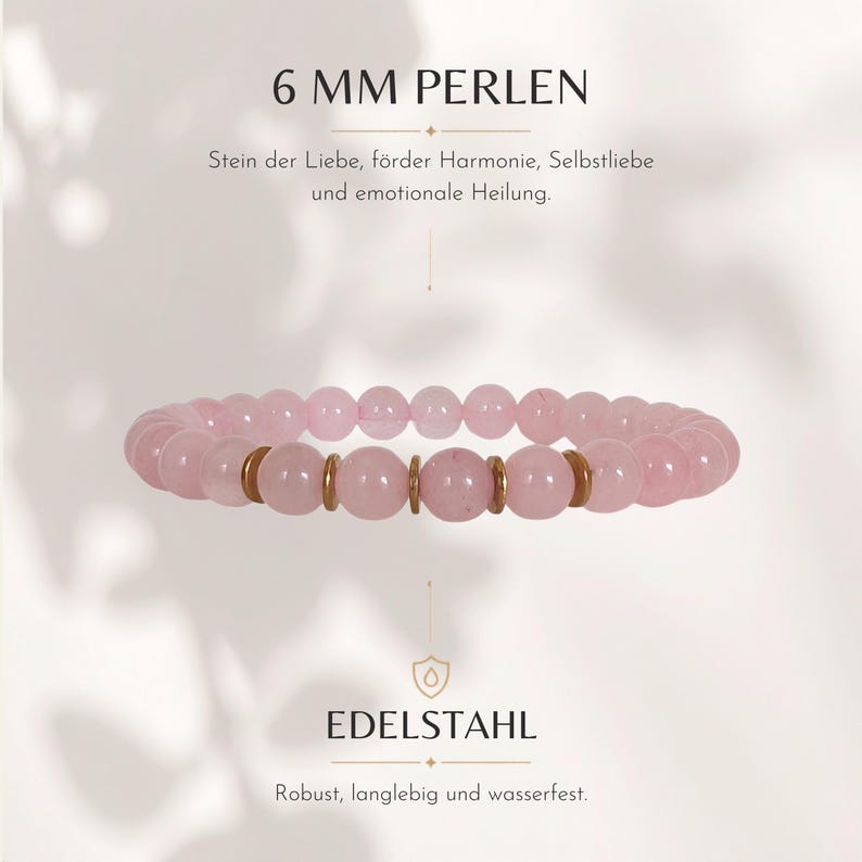 Rose quartz bracelet for women, genuine natural stone bracelet 6 mm, gold-plated stainless steel elements, precious and semi-precious stones image 1
