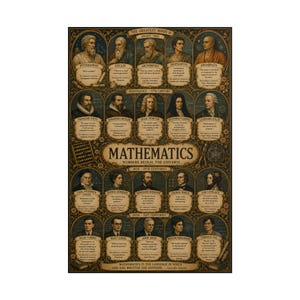 Peut inclure: Une affiche éducative aux tons sombres intitulée Mathematics: Numbers Reveal the Universe. Elle présente les portraits de vingt mathématiciens historiques disposés en rangées chronologiques, avec leur nom, une citation et leurs contributions.