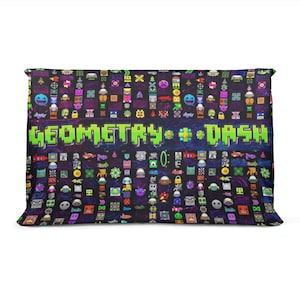May include: A black and purple pillow with a pixelated design featuring various geometric shapes and the text "GEOMETRY DASH".