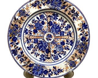 Plato de pared Wedgwood Ningpo con borde azul de 25 cm – Cerámica inglesa antigua de la década de 1870