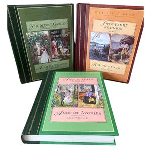 May include: Three hardcover books from the Classic Library series. Titles include "The Secret Garden," "Swiss Family Robinson," and "Anne of Green Gables." The books have illustrated covers with green, burgundy, and light orange spines.