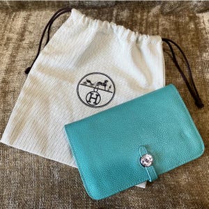 Cartera vintage Hermès de piel de Togo Dogon GM con monedero, azul verdoso, 19 x 13 cm