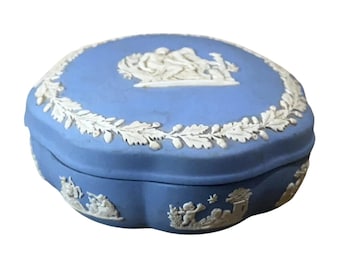 Vintage Wedgwood Blue Jasperware Lidded Trinket Box England Neoclassical Cherub