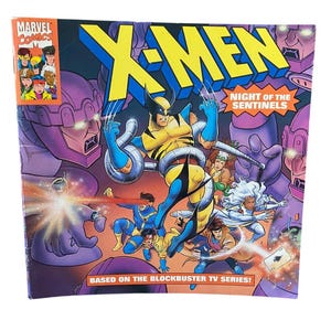 May include: A comic book cover featuring the X-Men. The title "X-MEN" is in large yellow letters. Wolverine is in the center, with other characters and the text "NIGHT OF THE SENTINELS" and "BASED ON THE BLOCKBUSTER TV SERIES!"