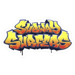 Może przedstawiać: Naklejka z napisem "Subway Surfers" w stylu graffiti. Tekst jest głównie żółty i pomarańczowy, obrysowany na niebiesko, z czarnymi kroplami na dole. Naklejka ma białą obwódkę.