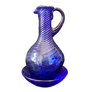 Vintage Cobalt Blue Art Glass Pitcher & Underplate Hand Blown 6.5&quot; Ribbed Jug