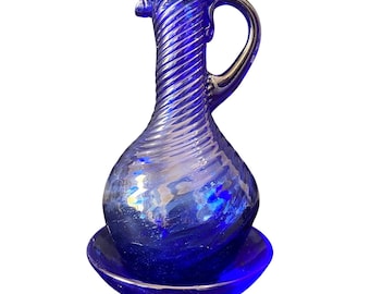 Vintage Cobalt Blue Art Glass Pitcher & Underplate Hand Blown 6.5" Ribbed Jug