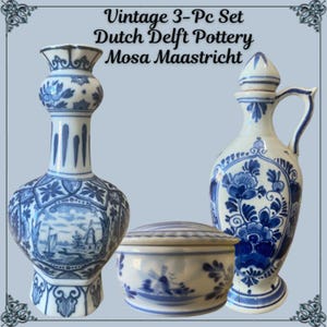 3-Pc Set of Vtg Dutch Delft Blue White Mosa Maastricht Vase Pitcher Trinket Box