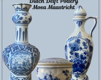 Juego de 3 jarrones antiguos holandeses de Delft, azul y blanco, con mosaico de Maastricht, jarra y joyero.