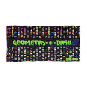 May include: A black and green beach towel with a pixelated design featuring characters from the video game Geometry Dash. The text "Geometry Dash" is written in green letters across the top of the towel. The name "Ethan" is written in white letters in the bottom right corner of the towel.