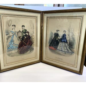 C.1860 Par de grabados antiguos enmarcados de La Mode Illustrée