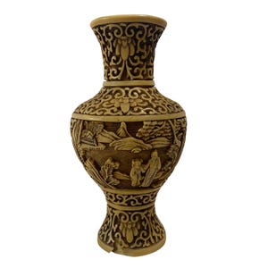 Vintage White Cinnabar-Style Vase 6.5” Carved Resin Scene Chinese Marked