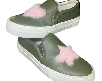 RARE Joshua Sanders US 8 Slip-on Platform Sneakers Olive Green Fuzzy Heart Star