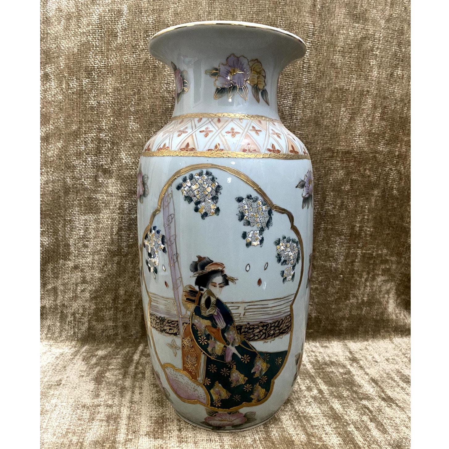 1800 年代頃 ヴィンテージ 日本製 14 インチ 薩摩焼 花瓶 手描き 芸者