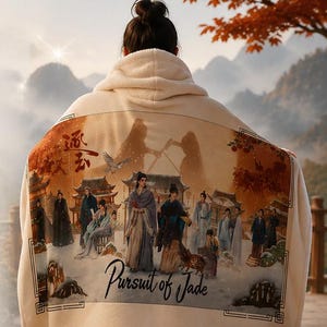 Op de afbeelding: Cr&egrave;mekleurige hoodie met een gedetailleerde illustratie op de rug. Het kunstwerk toont een sc&egrave;ne met figuren in traditionele kledij, gebouwen en de tekst "Pursuit of Jade". Het ontwerp heeft een vintage esthetiek.