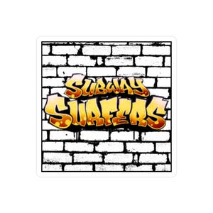 May include: A white brick wall with graffiti that says "Subway Surfers" in yellow and orange letters.