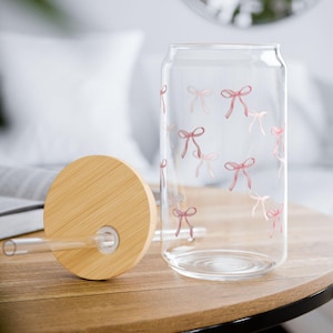 Pink Bows Glass Cup, Pink Bow Sipper Glass With Lid, Pink Bows Tumbler, Pink Iced Coffee Glass