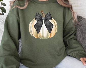 Sudadera de calabaza de Halloween, linda camiseta de calabaza, calabaza con lazo, sudadera de calabaza de otoño