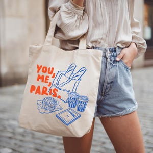 Paris Cotton Canvas Tote Bag, You, me, Paris Tote, French Market, Parisian Aesthetic Tote, Paris Gift
